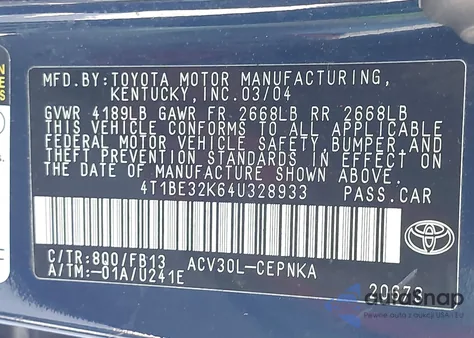 2004 Toyota Camry Le z USA, uszkodzony, nr VIN 4T1BE32K64U328933